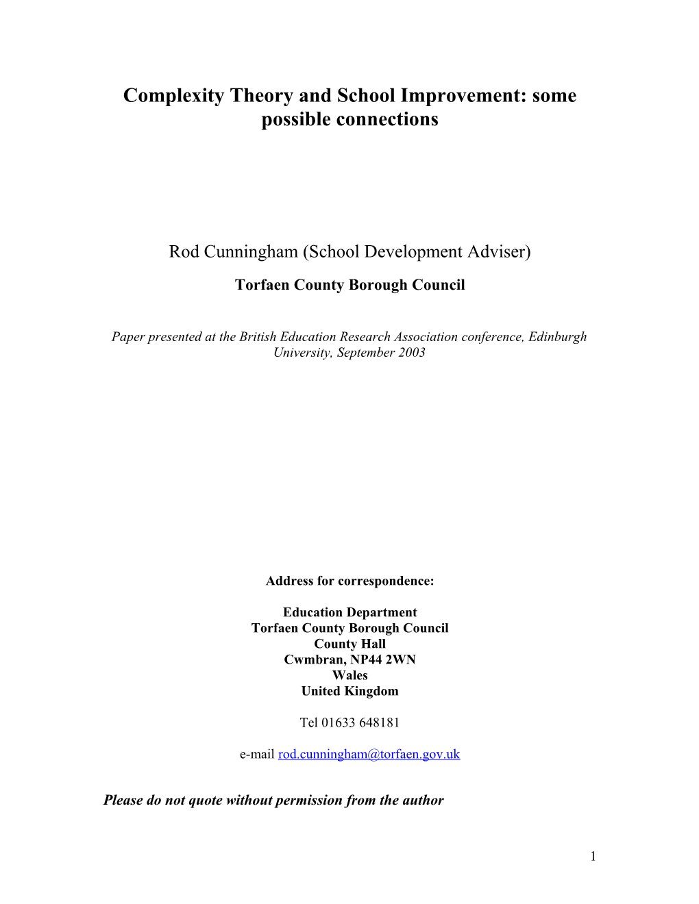 Complexity Theory and School Improvement: Some Possible Connections
