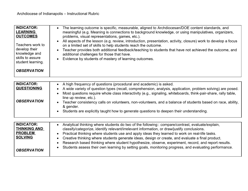 Archdiocese of Indianapolis Instructional Rubric