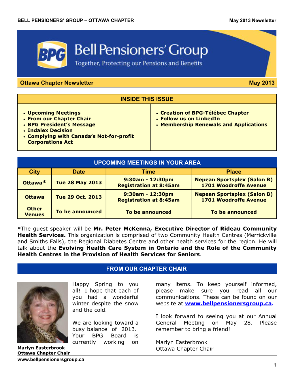BELL PENSIONERS GROUP OTTAWA Chaptermay 2013 Newsletter