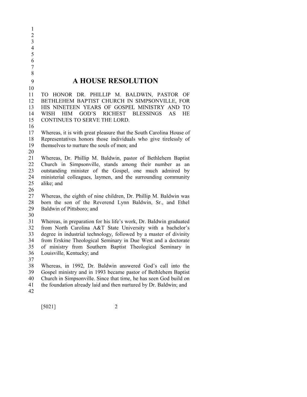 2011-2012 Bill 5021: Dr. Phillip M. Baldwin - South Carolina Legislature Online