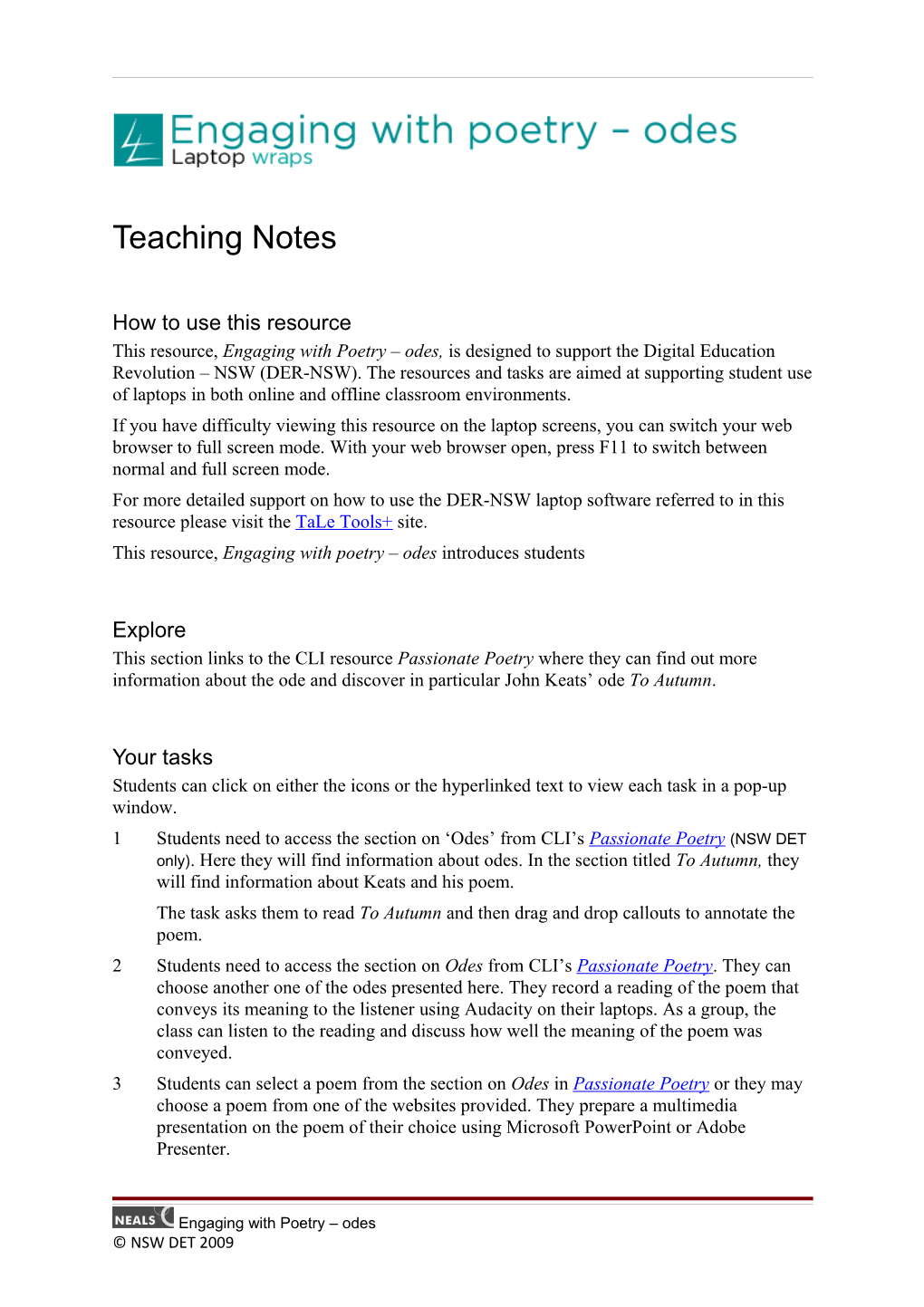 English: Teachers Notes