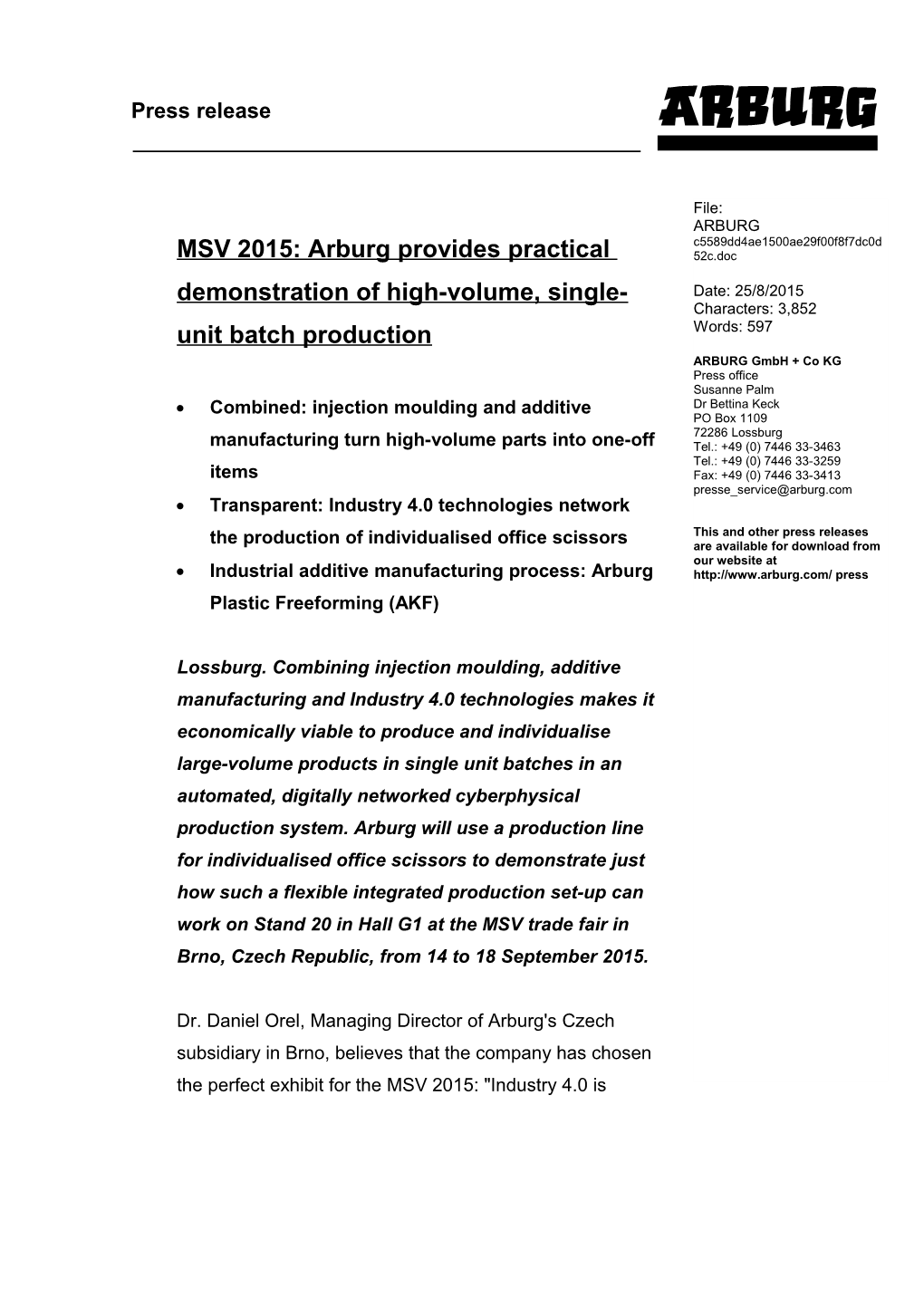 MSV 2015: Arburg Provides Practical Demonstration of High-Volume, Single-Unit Batch Production