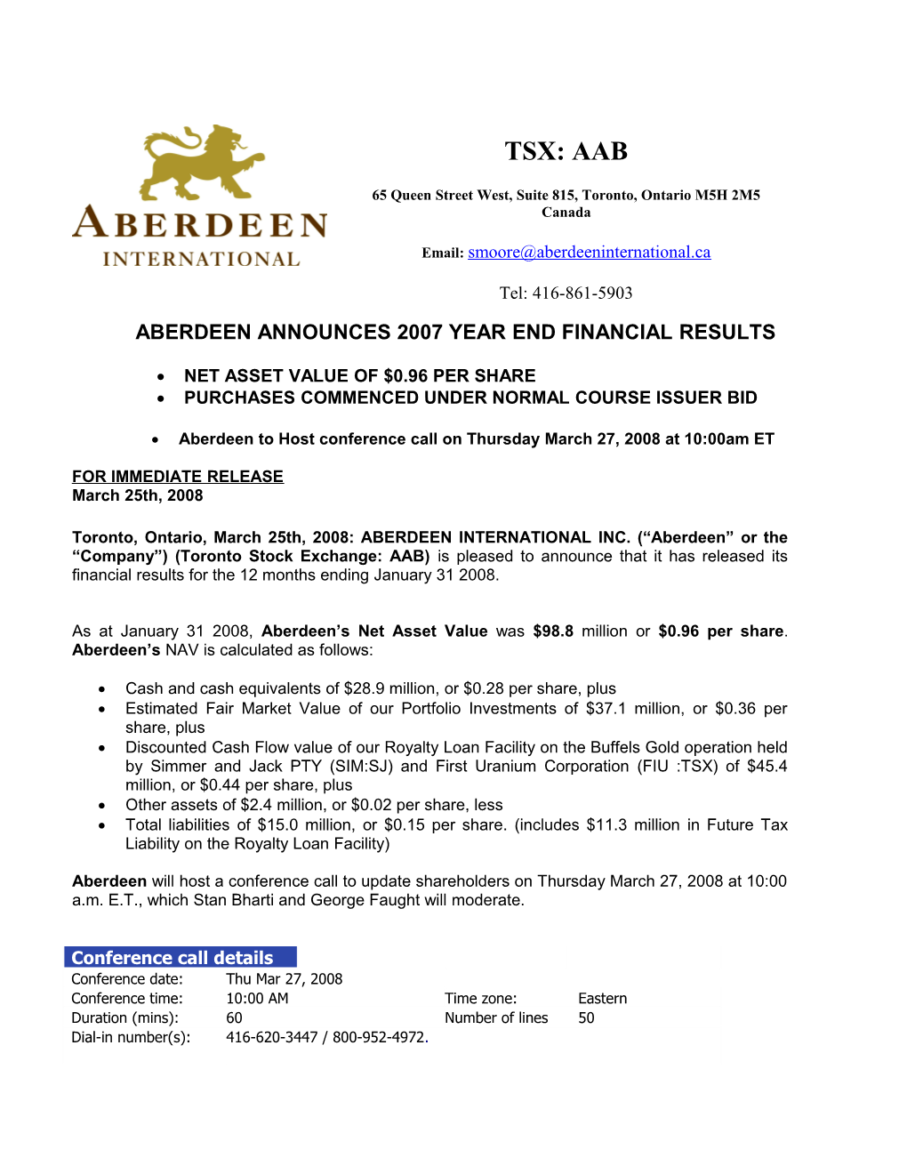 Aberdeenannounces 2007 Year End Financial Results