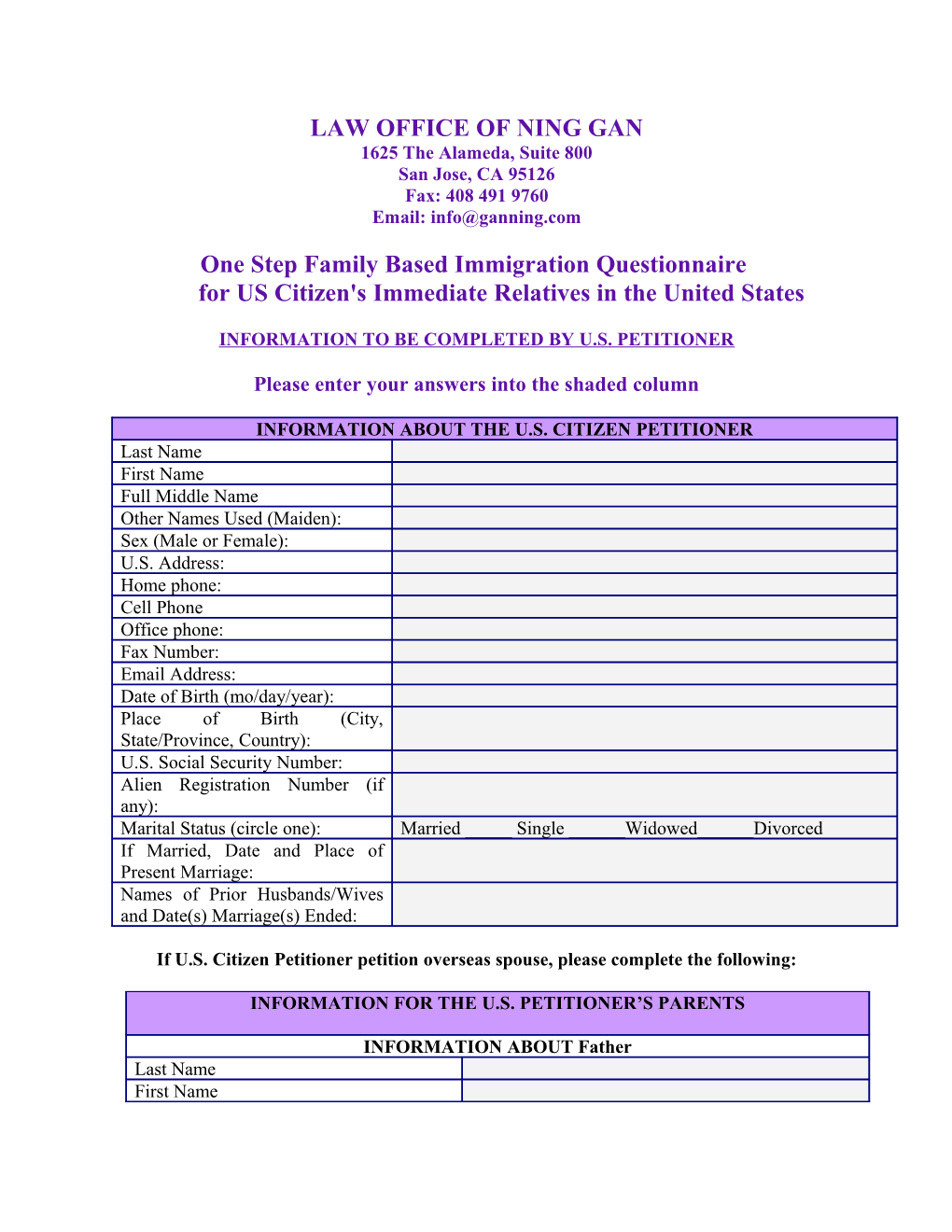 One Step Family Based Immigration Questionnaire