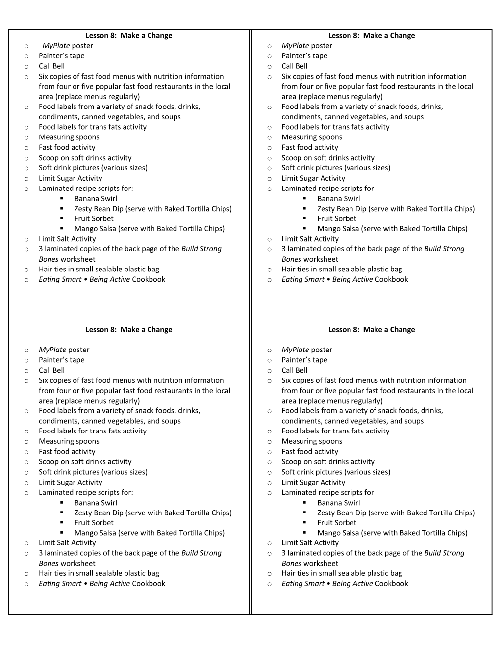 Six Copies of Fast Food Menus with Nutrition Information