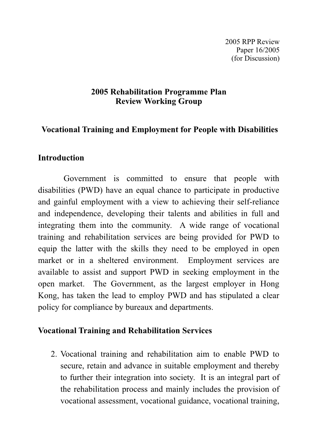 2005 Rehabilitation Programme Plan