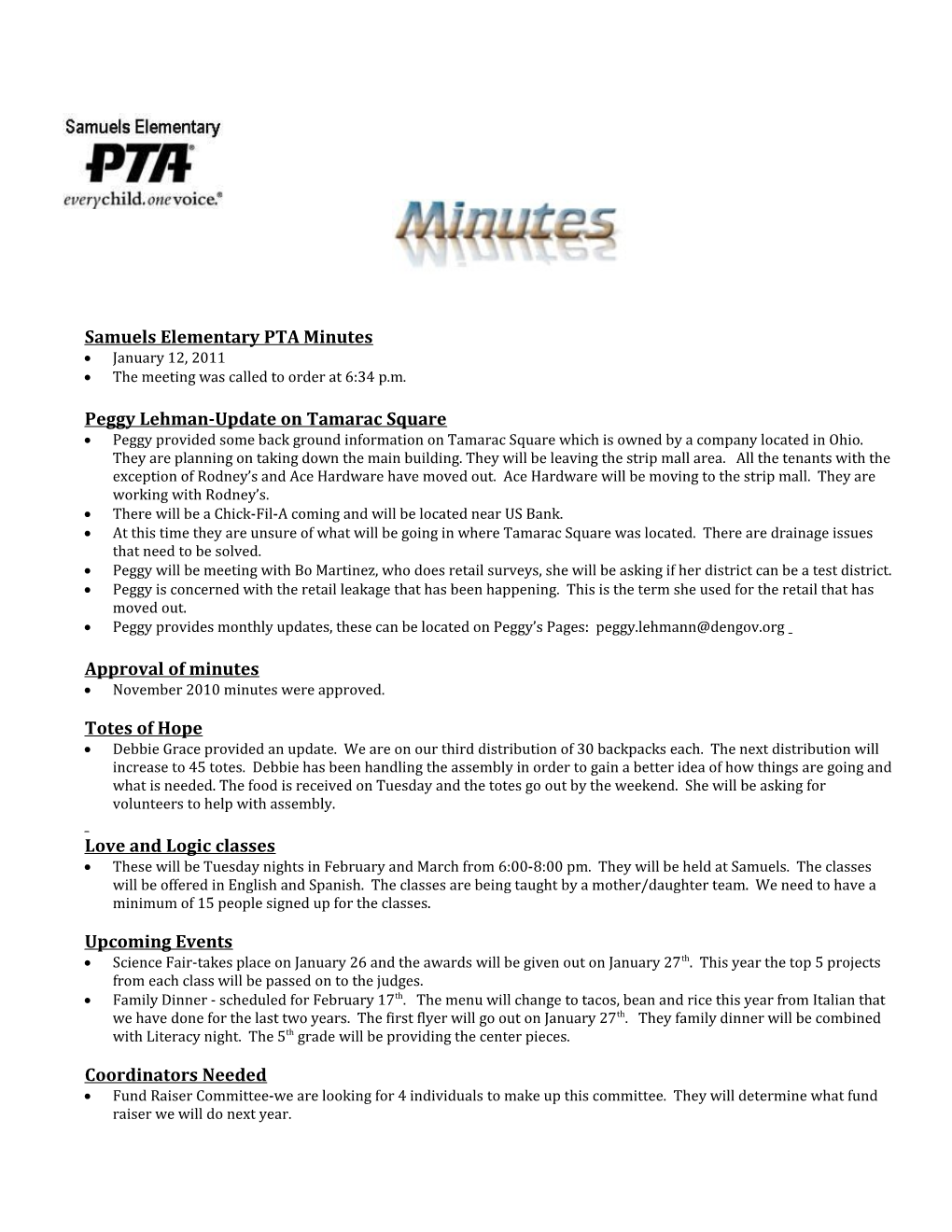 Samuels Elementary PTA Minutes