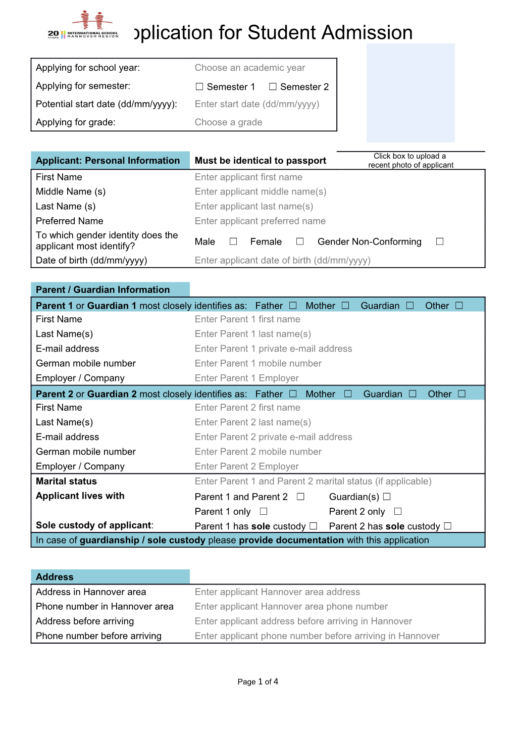 Application for Student Admission