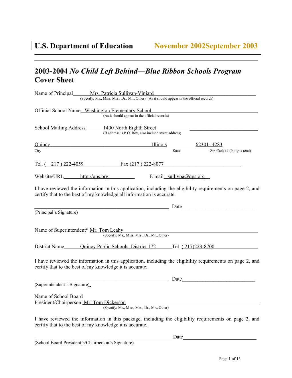 Washington Elementary School 2004 No Child Left Behind-Blue Ribbon School Application (Msword)