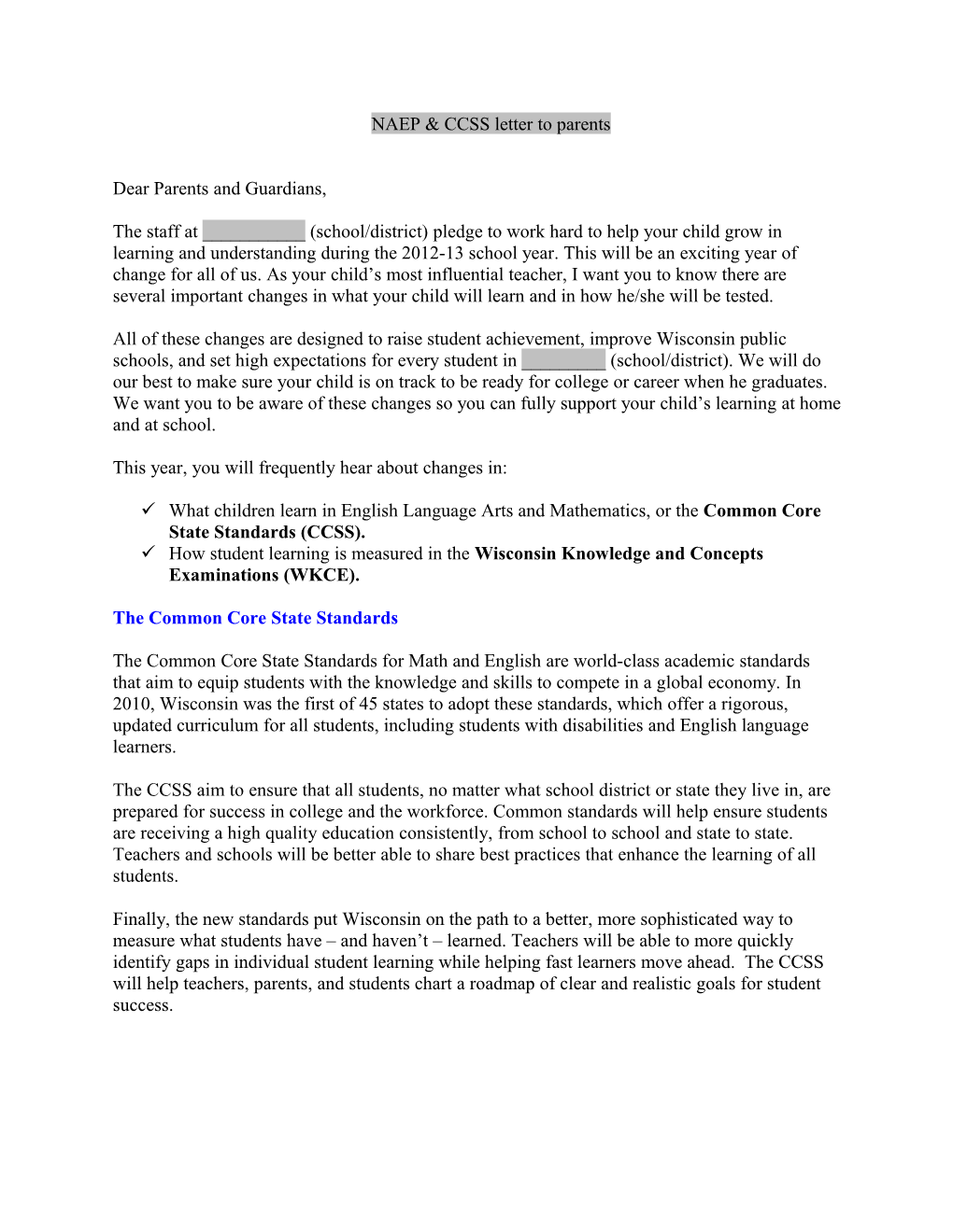 NAEP & CCSS Letter to Parents