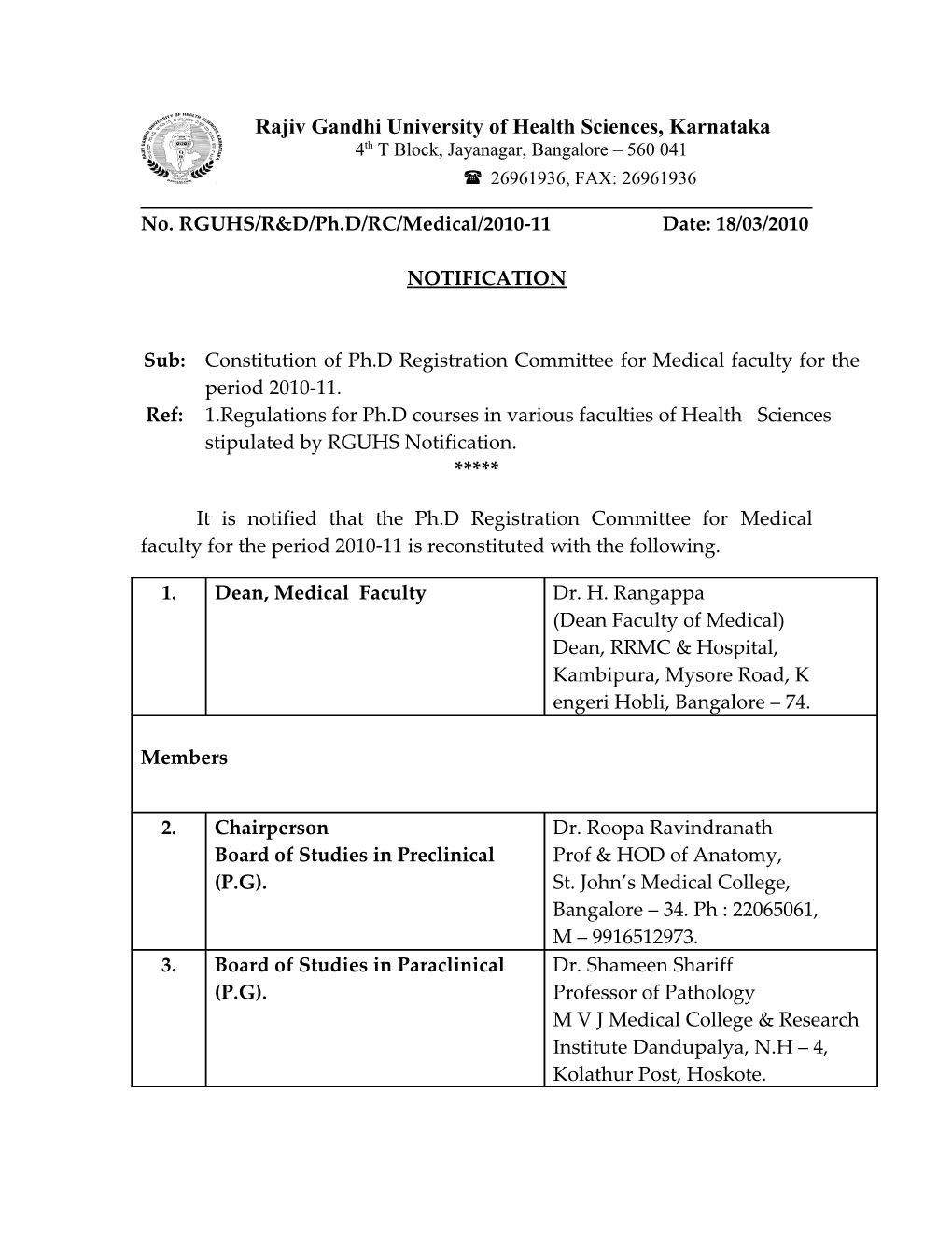 No. RGUHS/R&D/Ph.D/RC/Medical/2010-11 Date: 18/03/2010