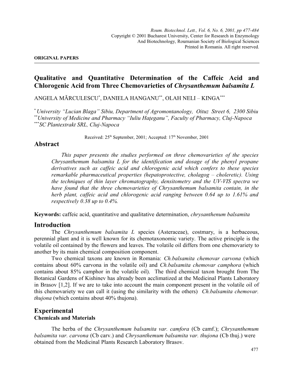 Qualitative and Quantitative Determination of the Caffeic Acid and Chlorogenic Acid From