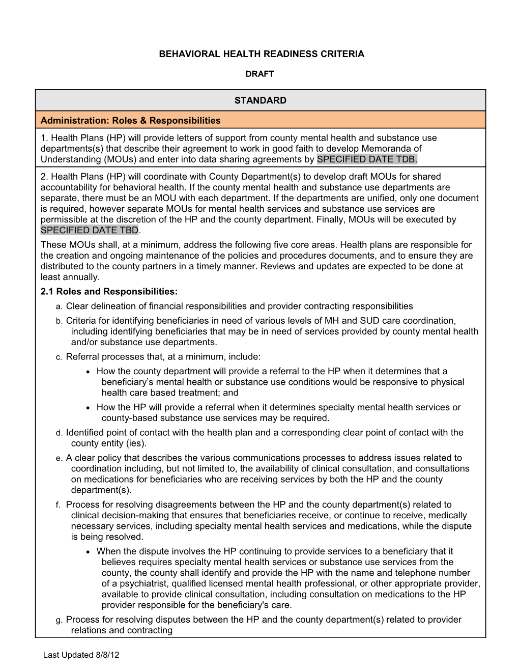 Behavioral Health Readiness Criteria