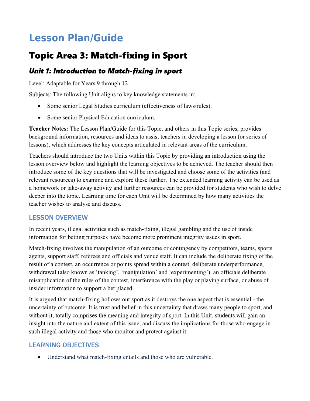 Topic Area 3: Match-Fixing in Sport
