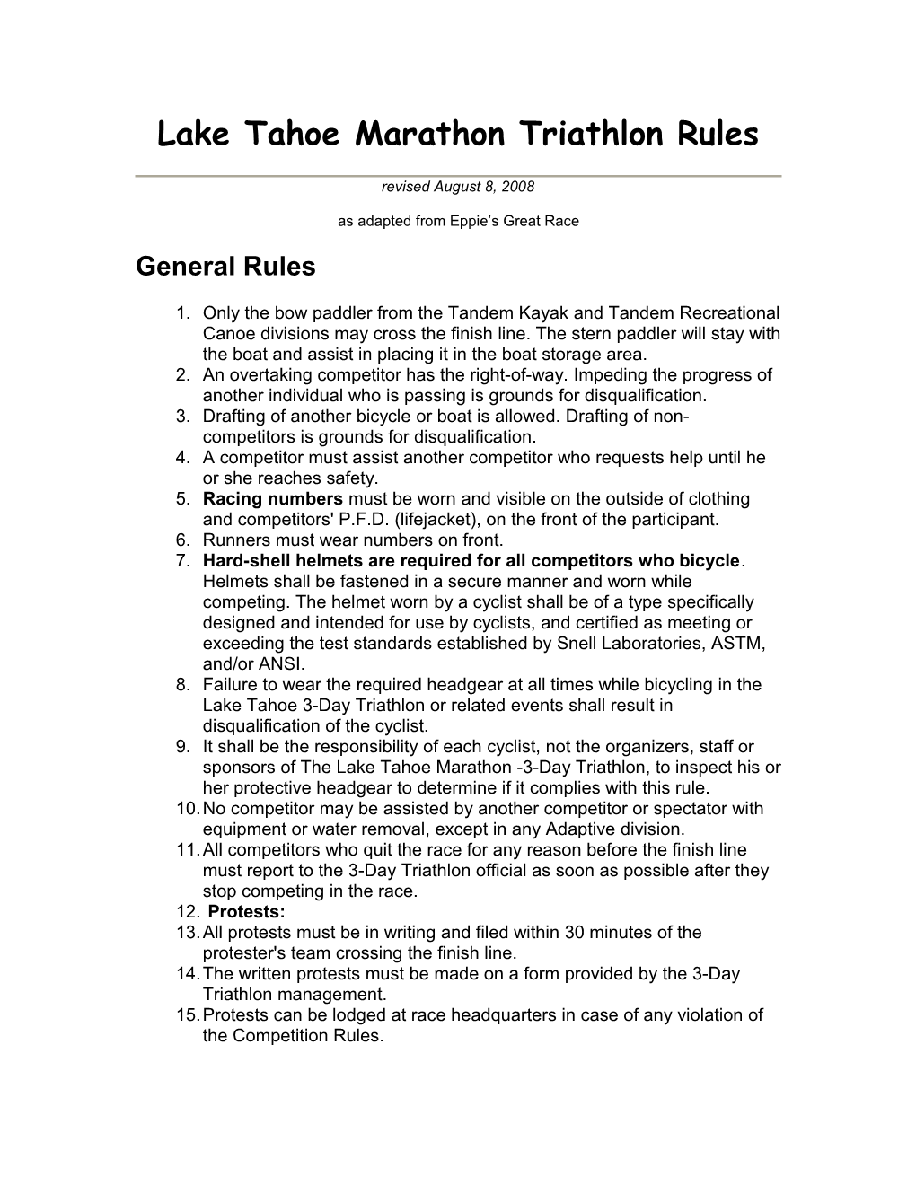 Lake Tahoemarathon Triathlon Rules