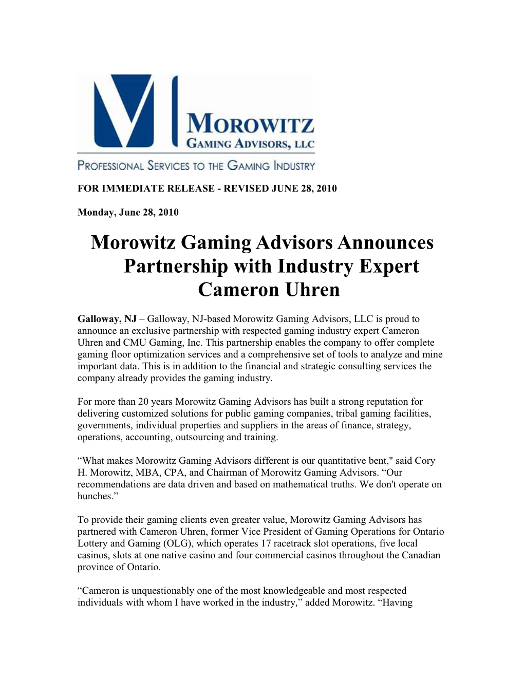 Morowitz Gaming Advisors Announces Partnership with Industry Expert Cameron Uhren