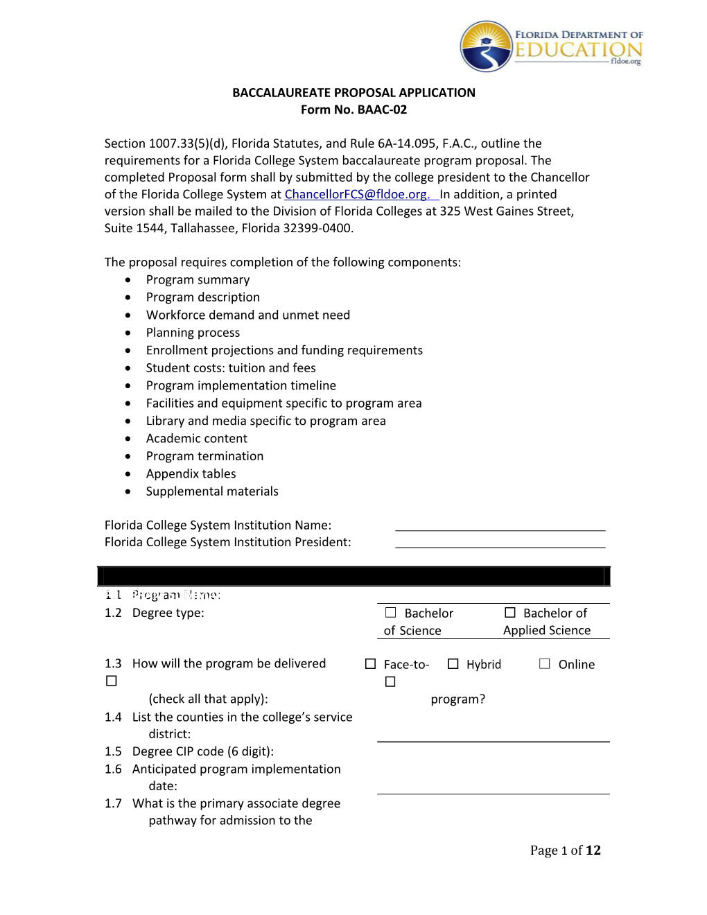 Baccalaureate Proposal Application - Form No. BAAC-02