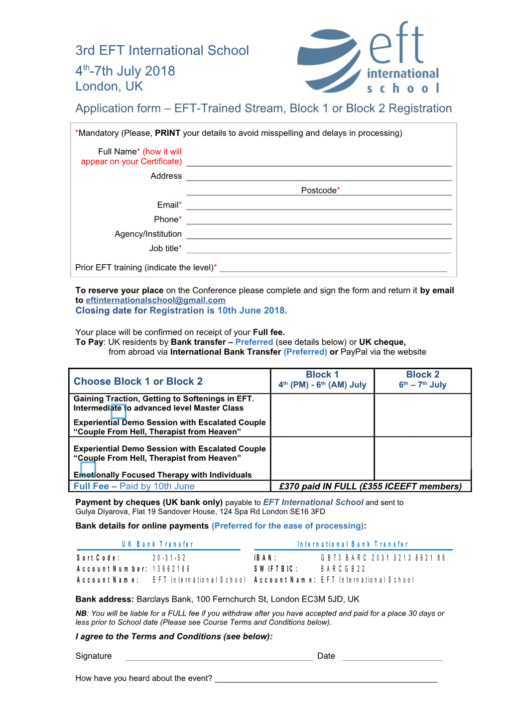 Application Form EFT-Trained Stream, Block 1 Or Block 2 Registration