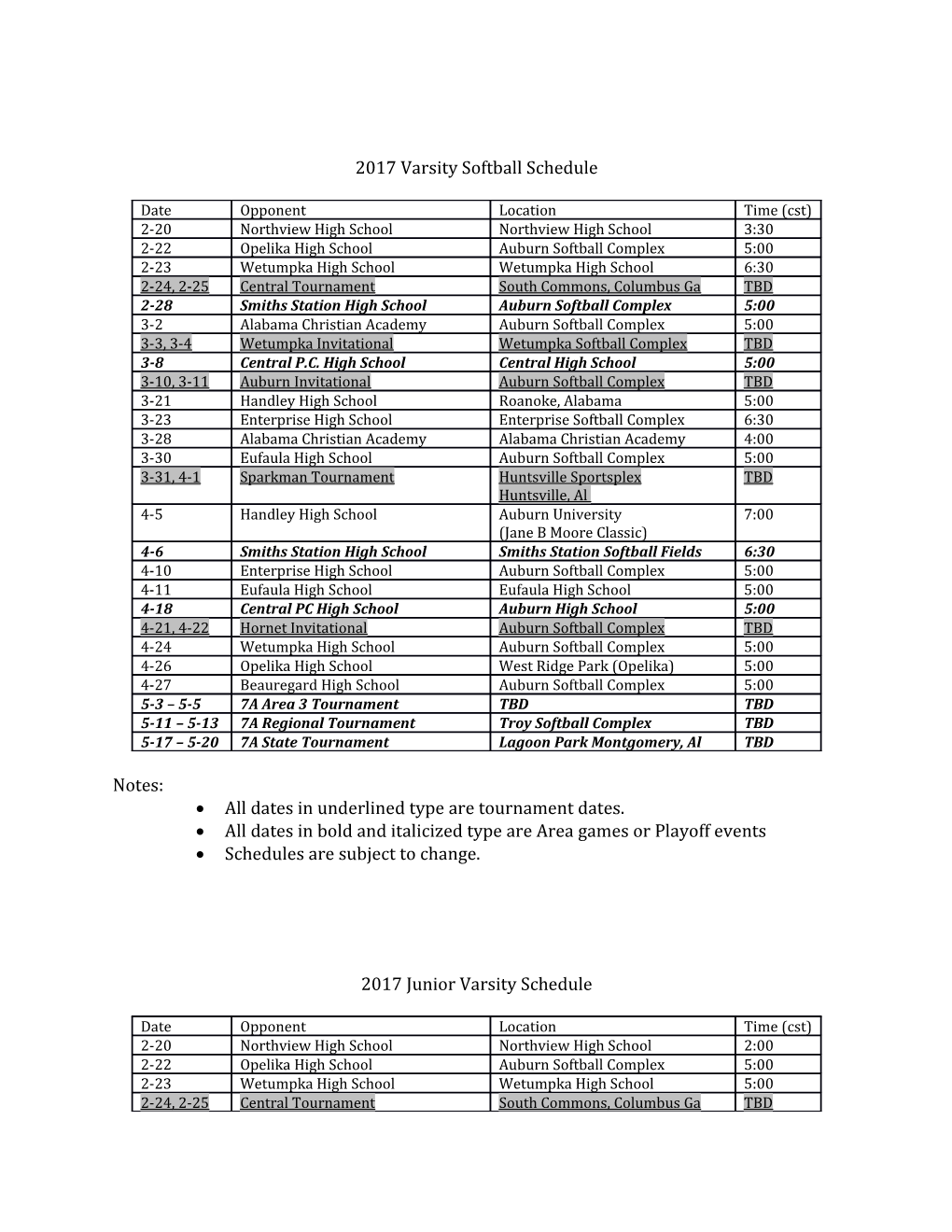 2017 Varsity Softball Schedule