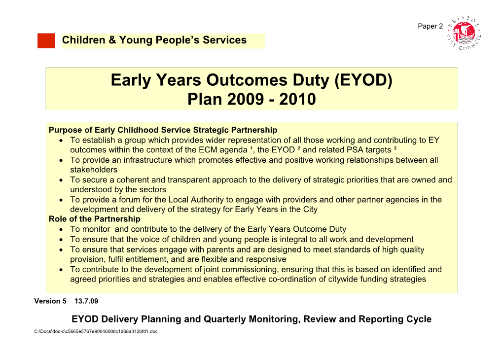 EYOD Delivery Planning and Quarterly Monitoring, Review and Reporting Cycle