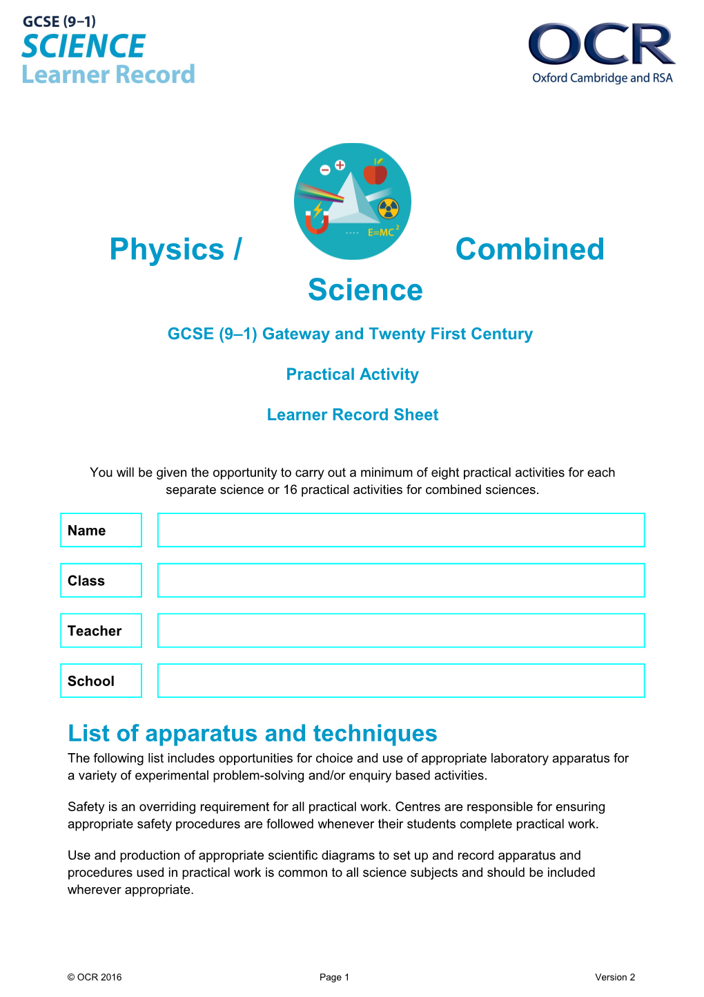 OCR GCSE (9-1) Science Physics Learner Record Sheet