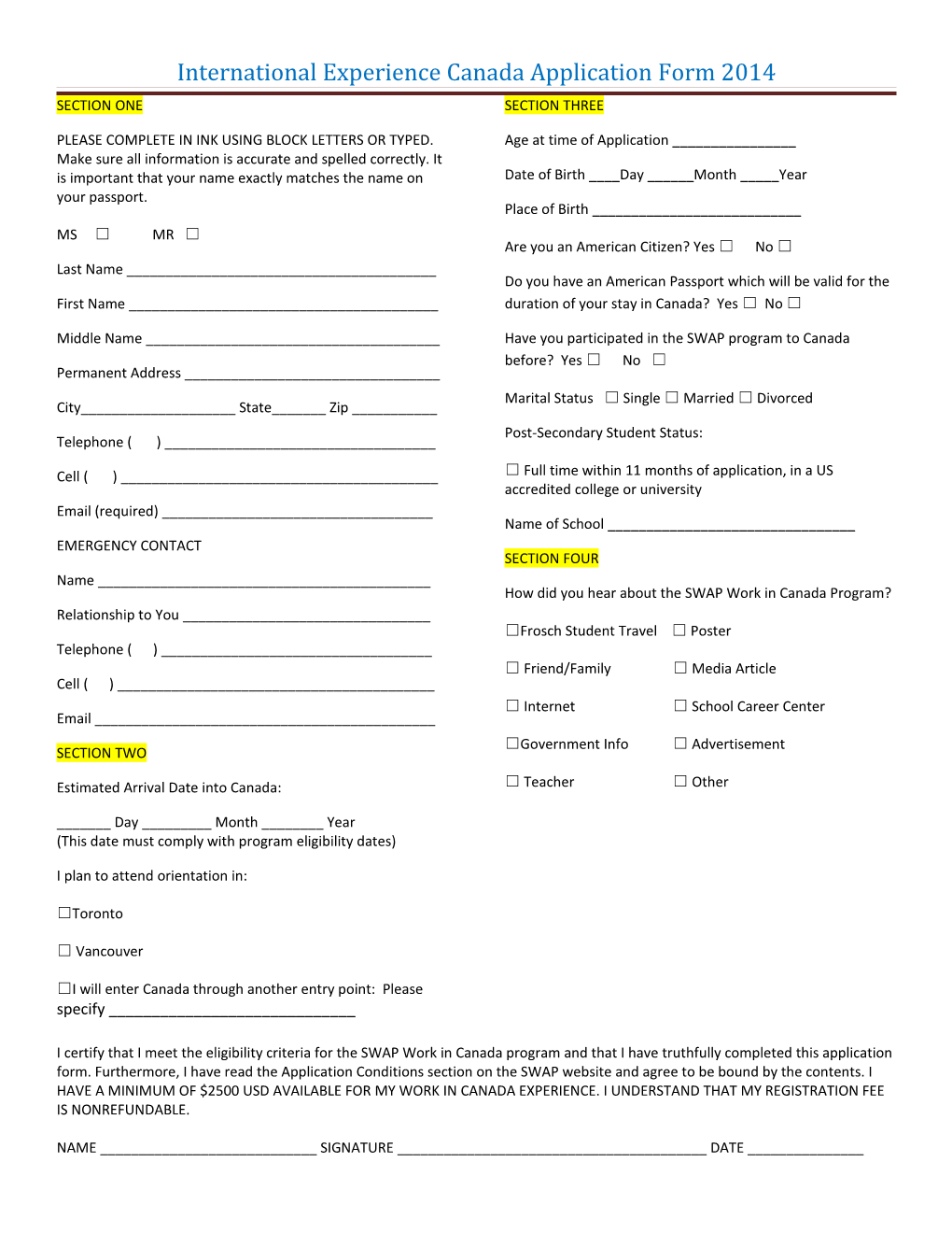 International Experience Canada Application Form 2014