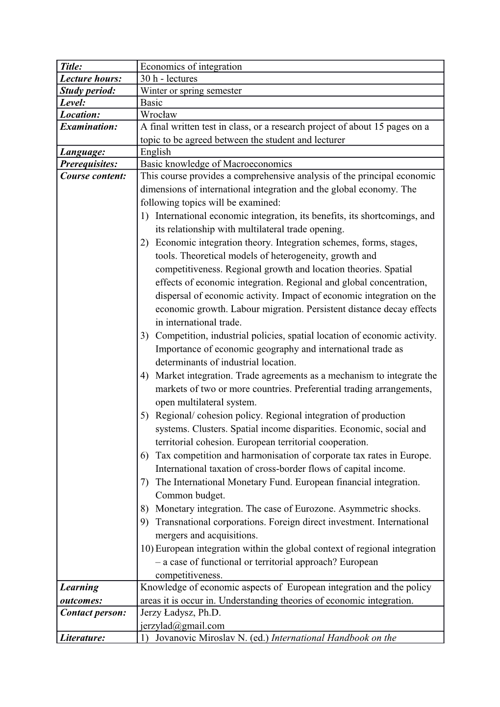 Economics of European Integration and Transition (6 Credits)