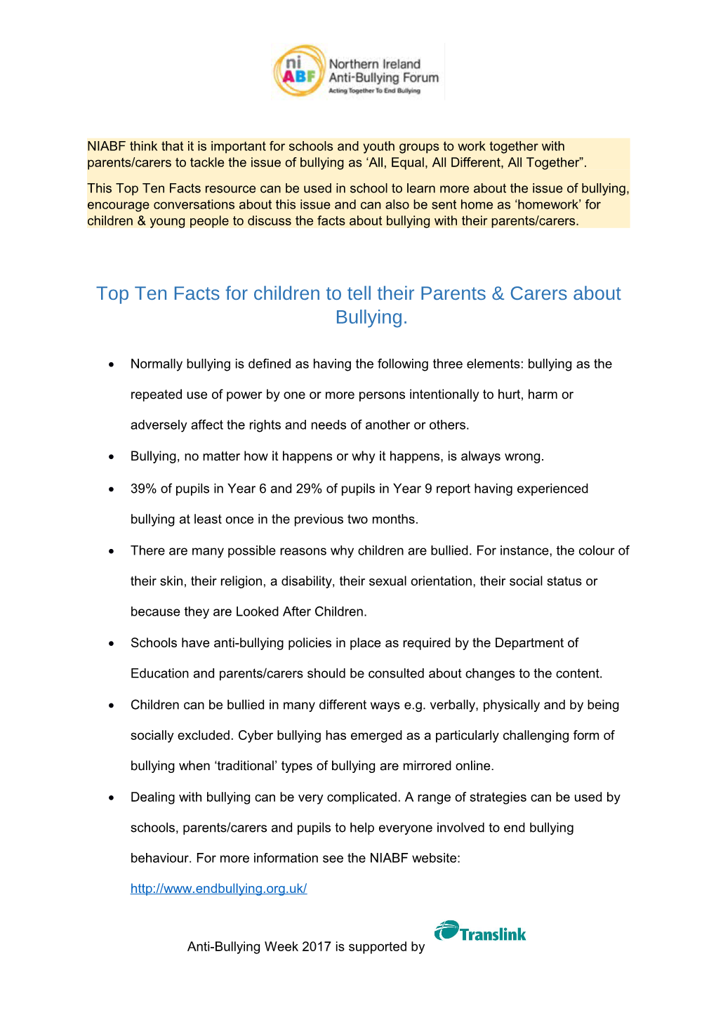 Top Ten Facts for Children to Tell Their Parents & Carers About Bullying