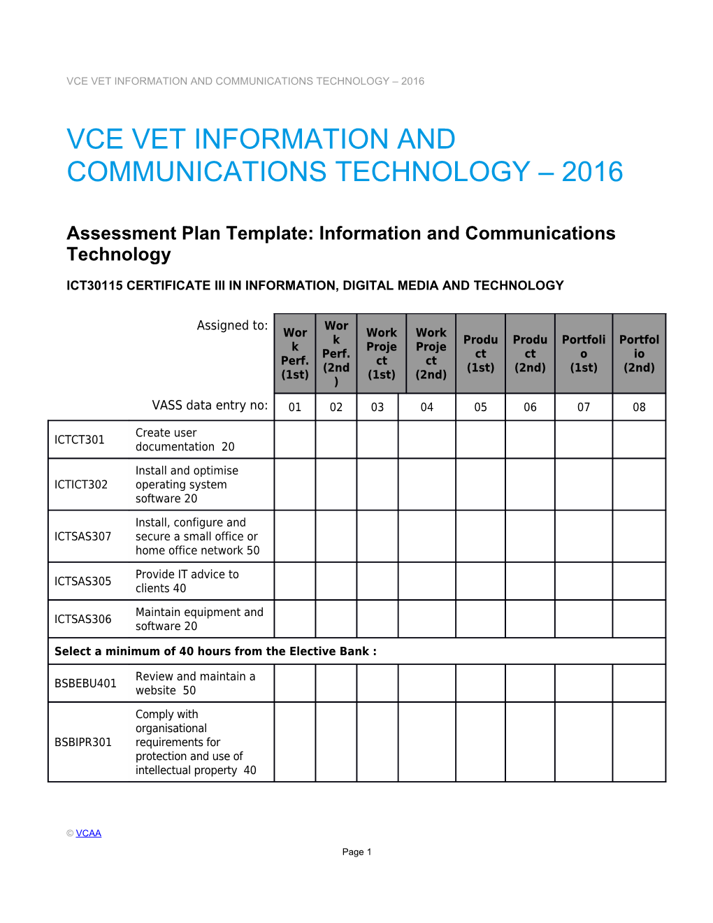 VCE VET Information and Communications Technology - Assessment Plan - Template and Sample