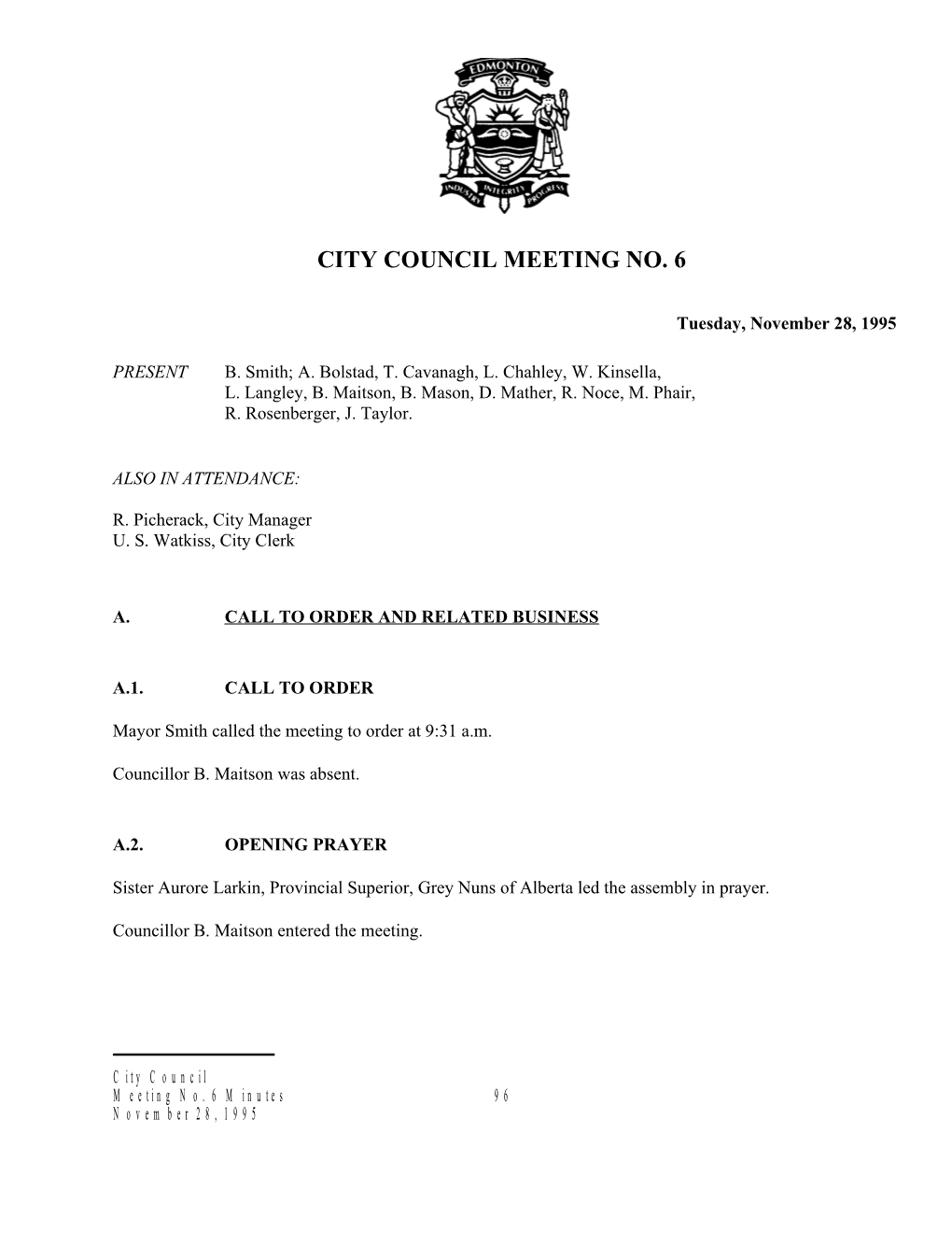 Minutes for City Council November 28, 1995 Meeting