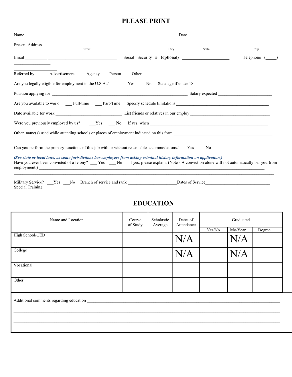 US Sample Employment Application (Includes Criminal History Question)