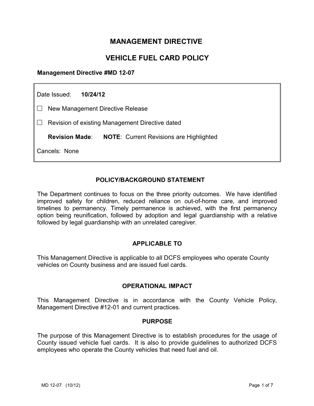 MD 12-07, Vehicle Fuel Card Policy