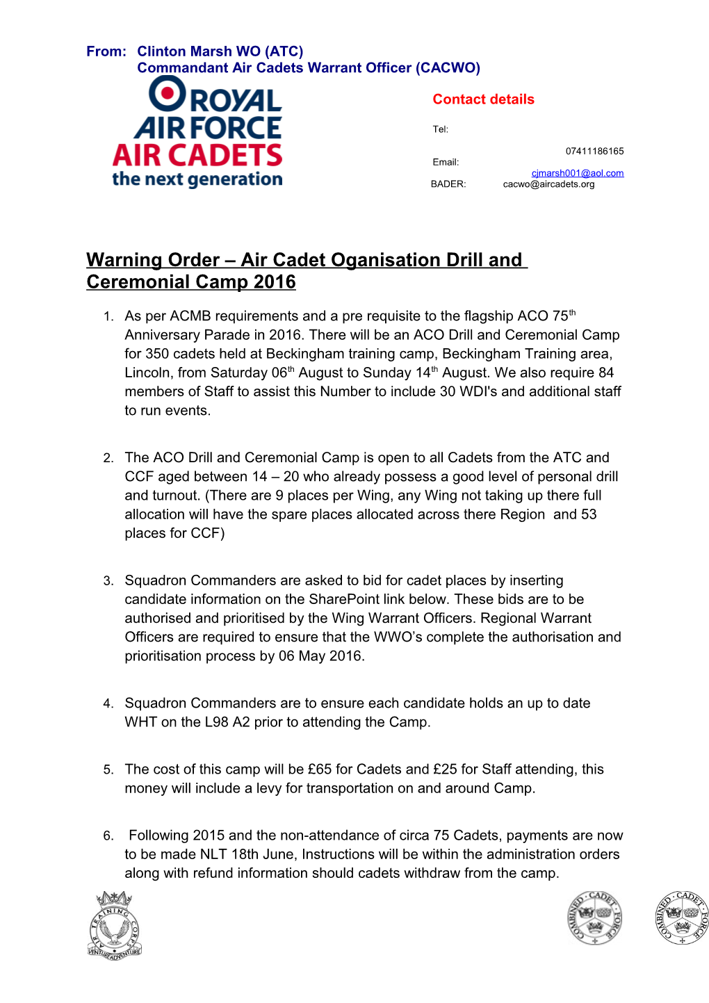Warning Order Air Cadet Oganisation Drill and Ceremonial Camp 2016