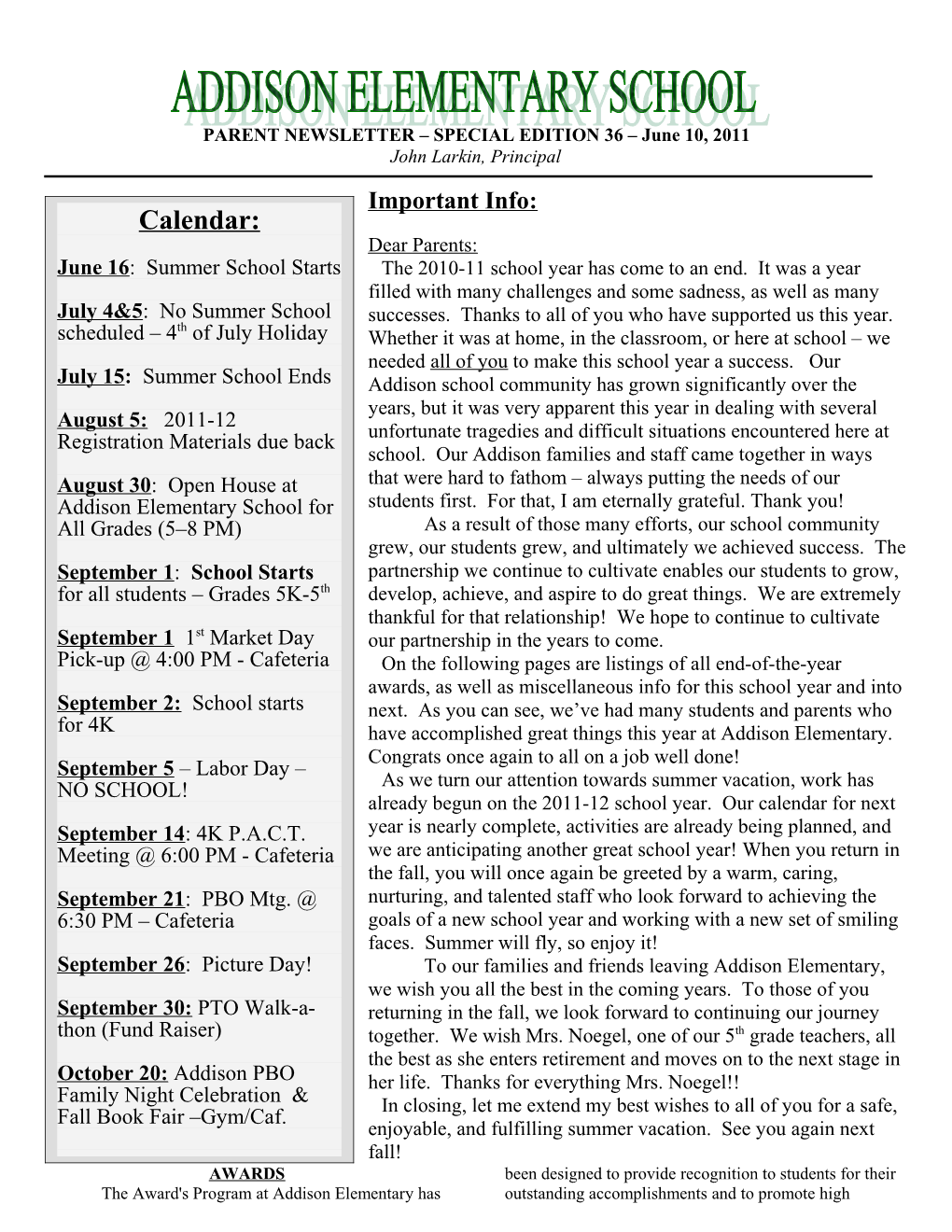 PARENT NEWSLETTER SPECIAL EDITION 36 June 10, 2011