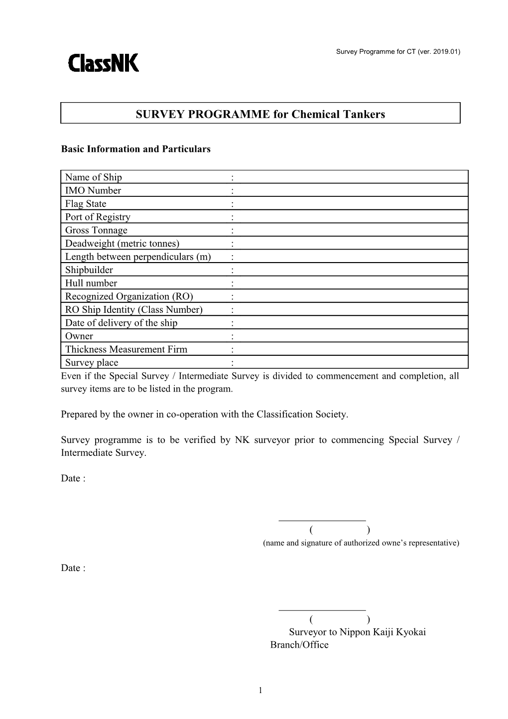 SURVEY PROGRAMME for Chemical Tankers