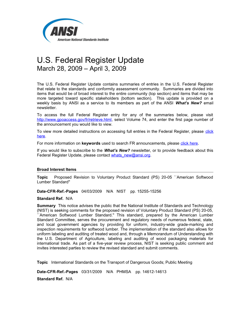 Standards and Trade Related Notices from the U.S. Federal Register, 4.03.09