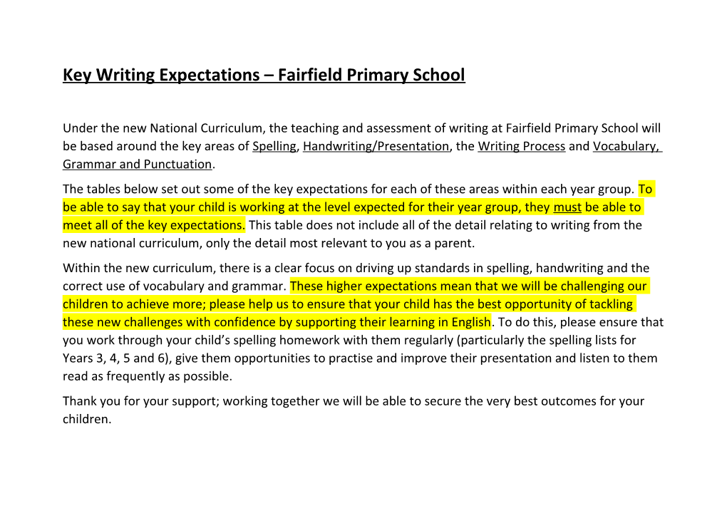 Key Writing Expectations Fairfield Primary School
