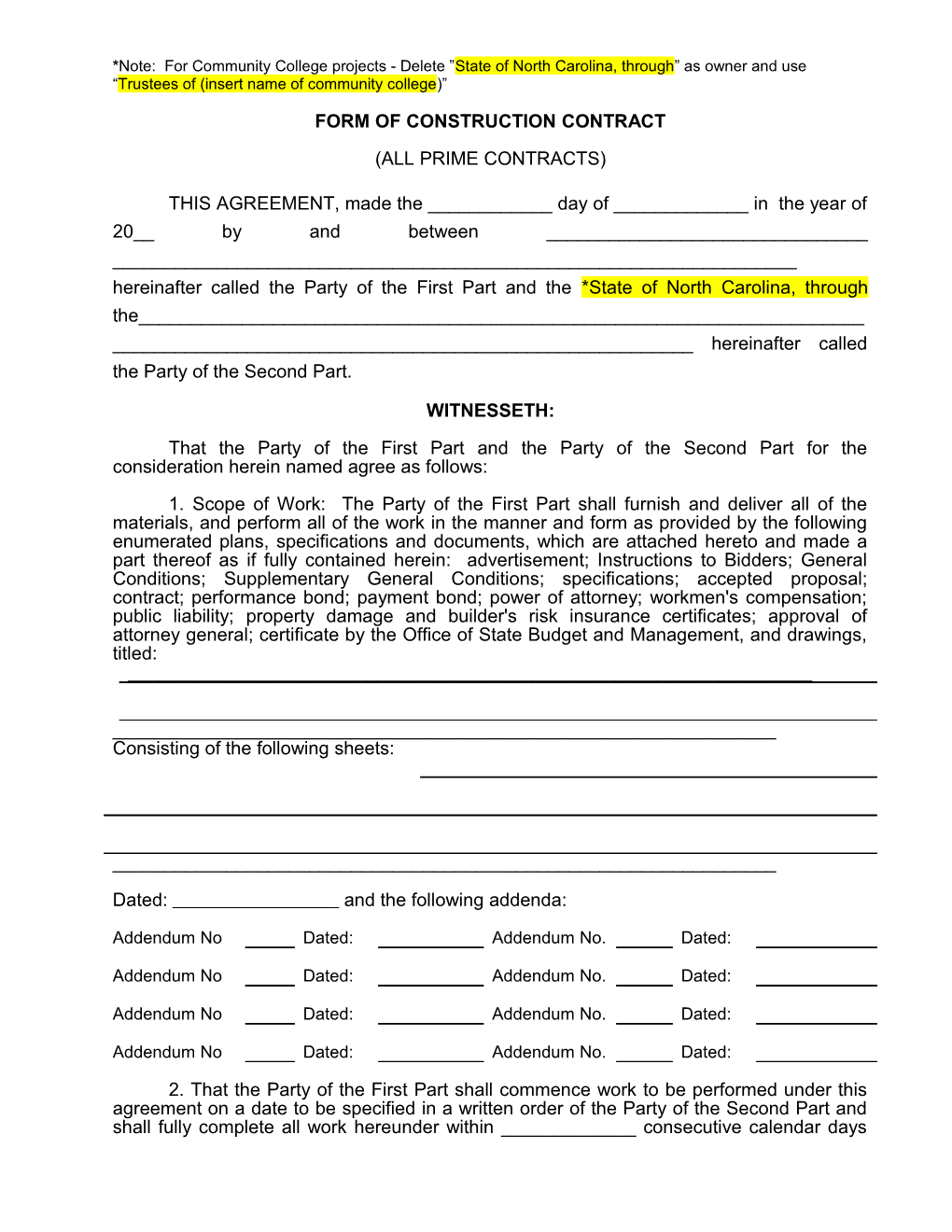 Section 306 Form of Construction Contract