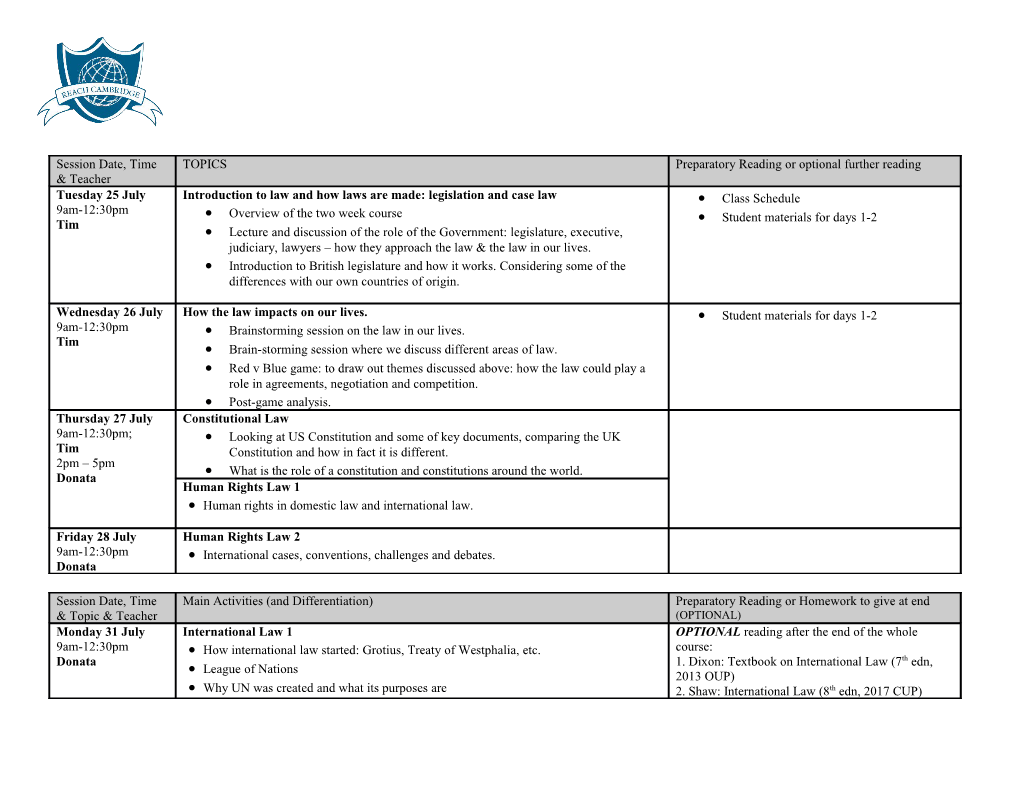 Overview of the Two Week Course