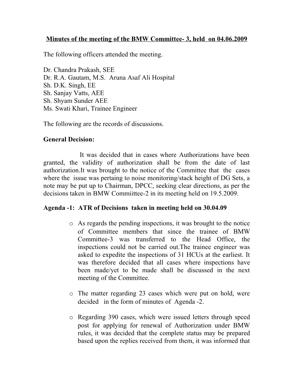 Minutes of the Meeting of the BMW Committee- 3, Held on 04.06.2009