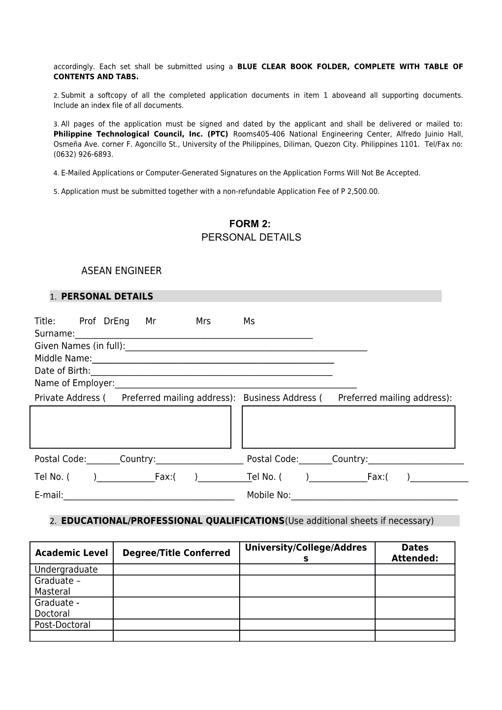 Application Form and Guidelines for Applicants