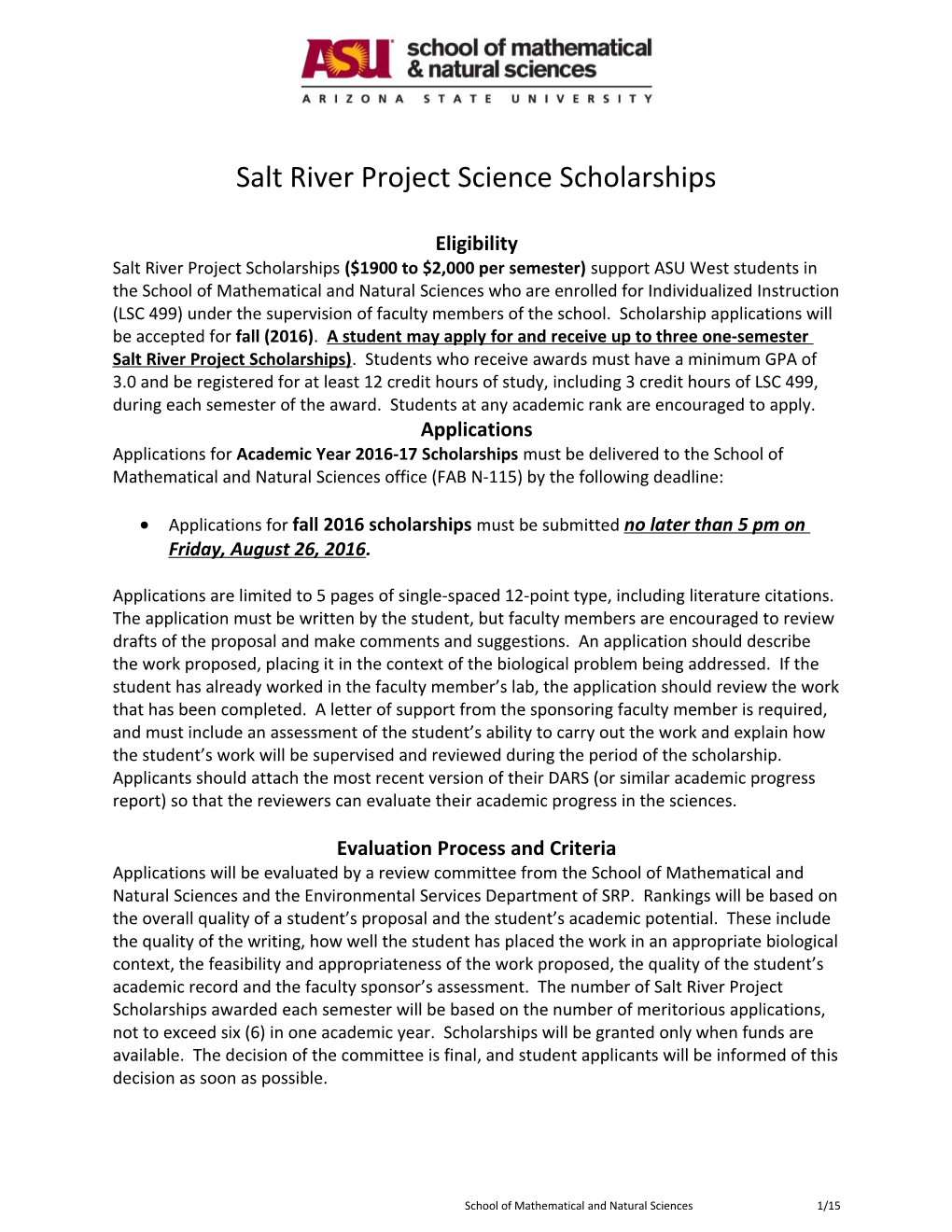 Salt River Project Science Scholarships
