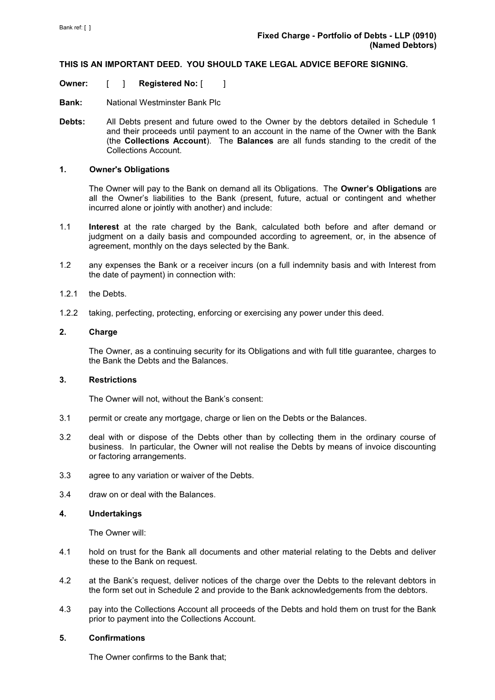 Fixed Charge - Portfolio of Debts - LLP (0910)