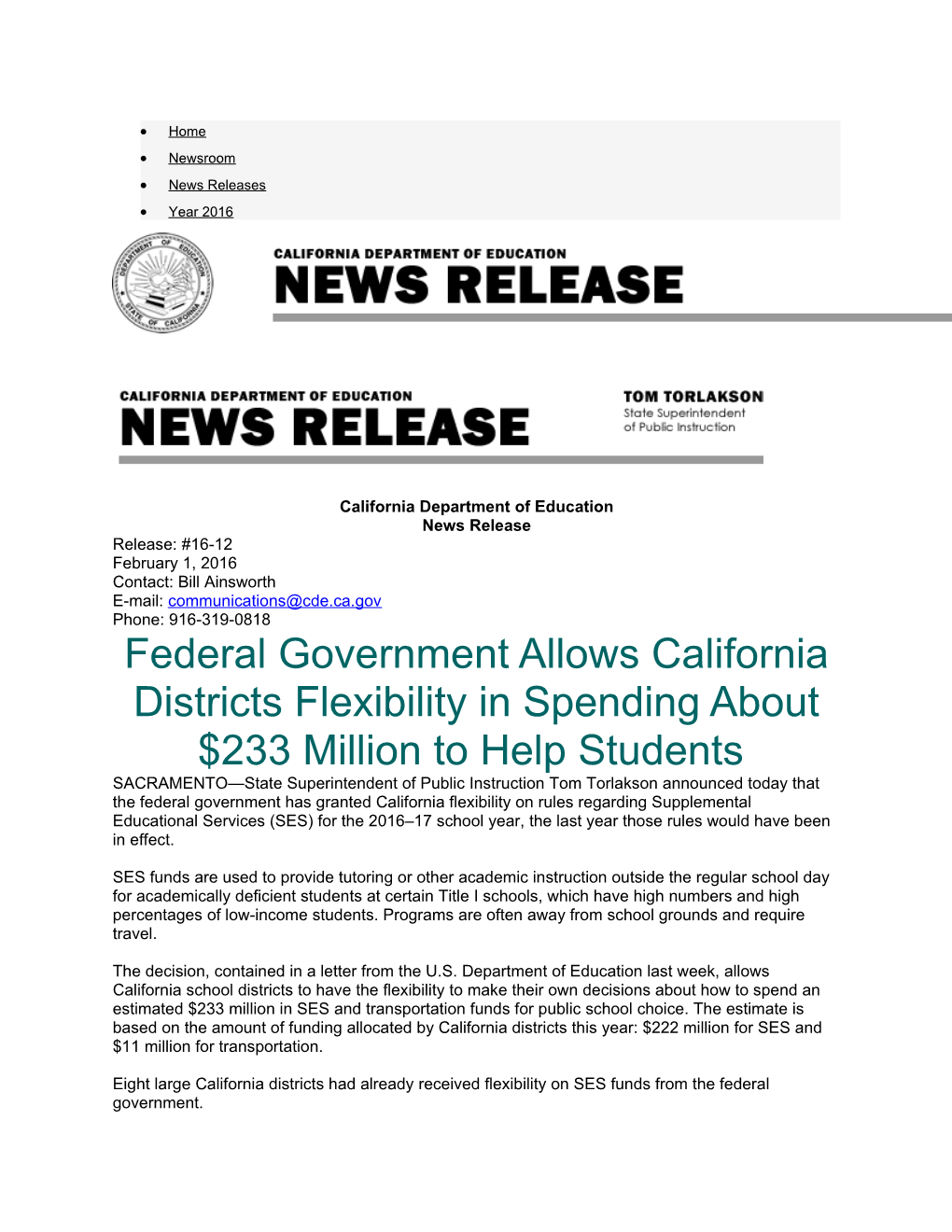 California Department of Education News Release