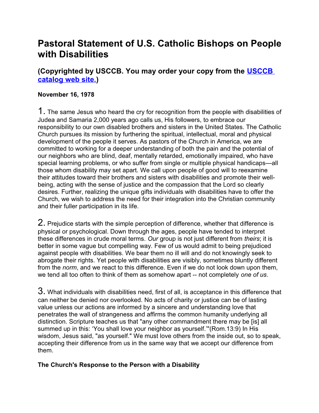 Pastoral Statement of U.S. Catholic Bishops on People with Disabilities