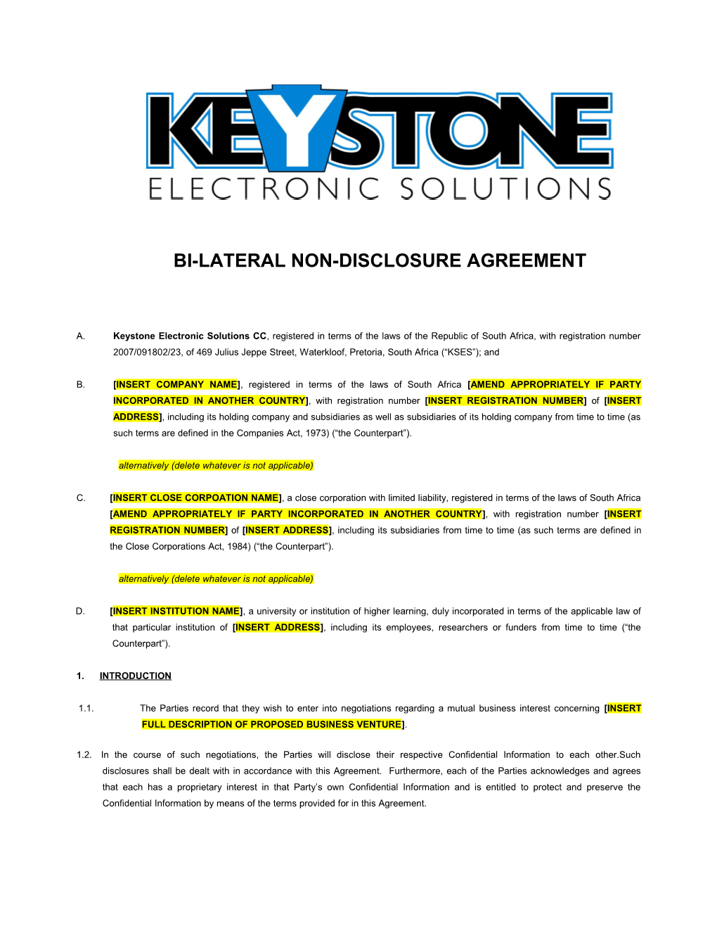 Standard Tellumat Bi-Lateral Non- Disclosure Agreement