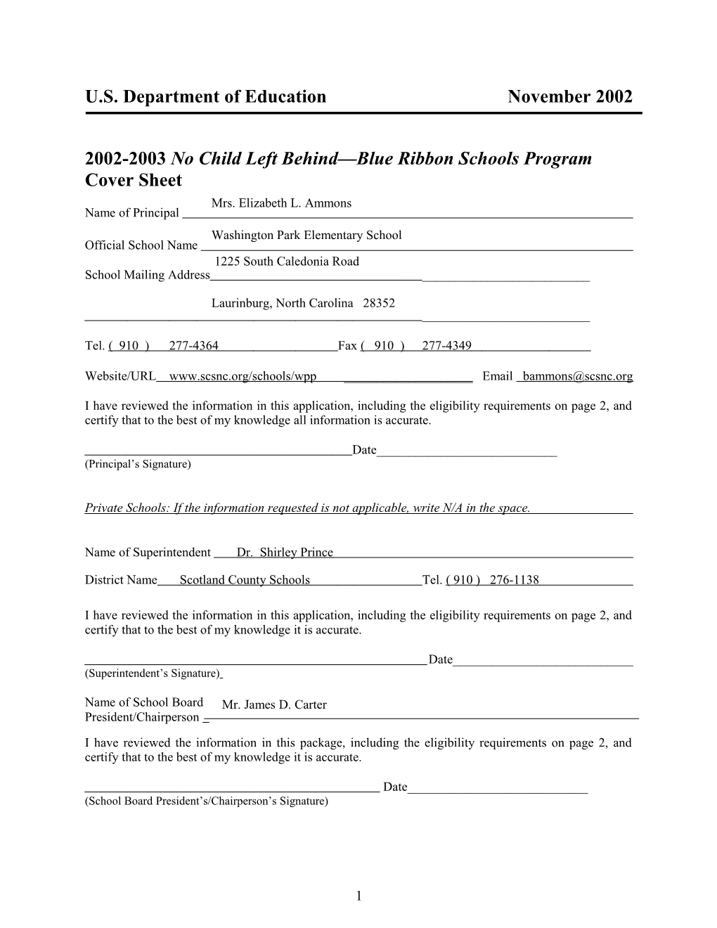 Washington Park Elementary School 2003 No Child Left Behind-Blue Ribbon School (Msword)