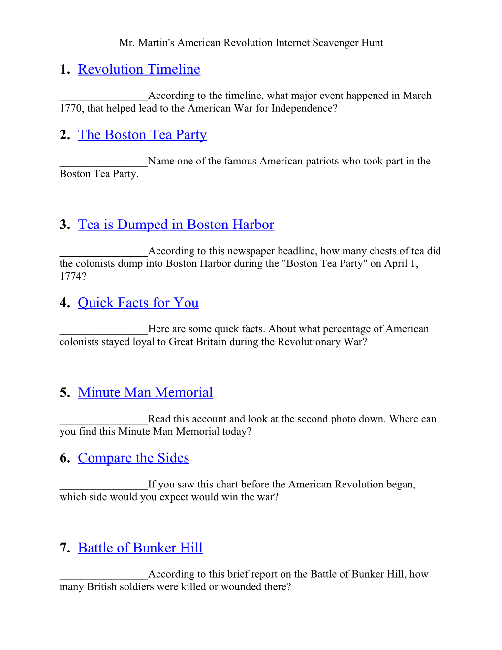 Mr. Martin's American Revolution Internet Scavenger Hunt