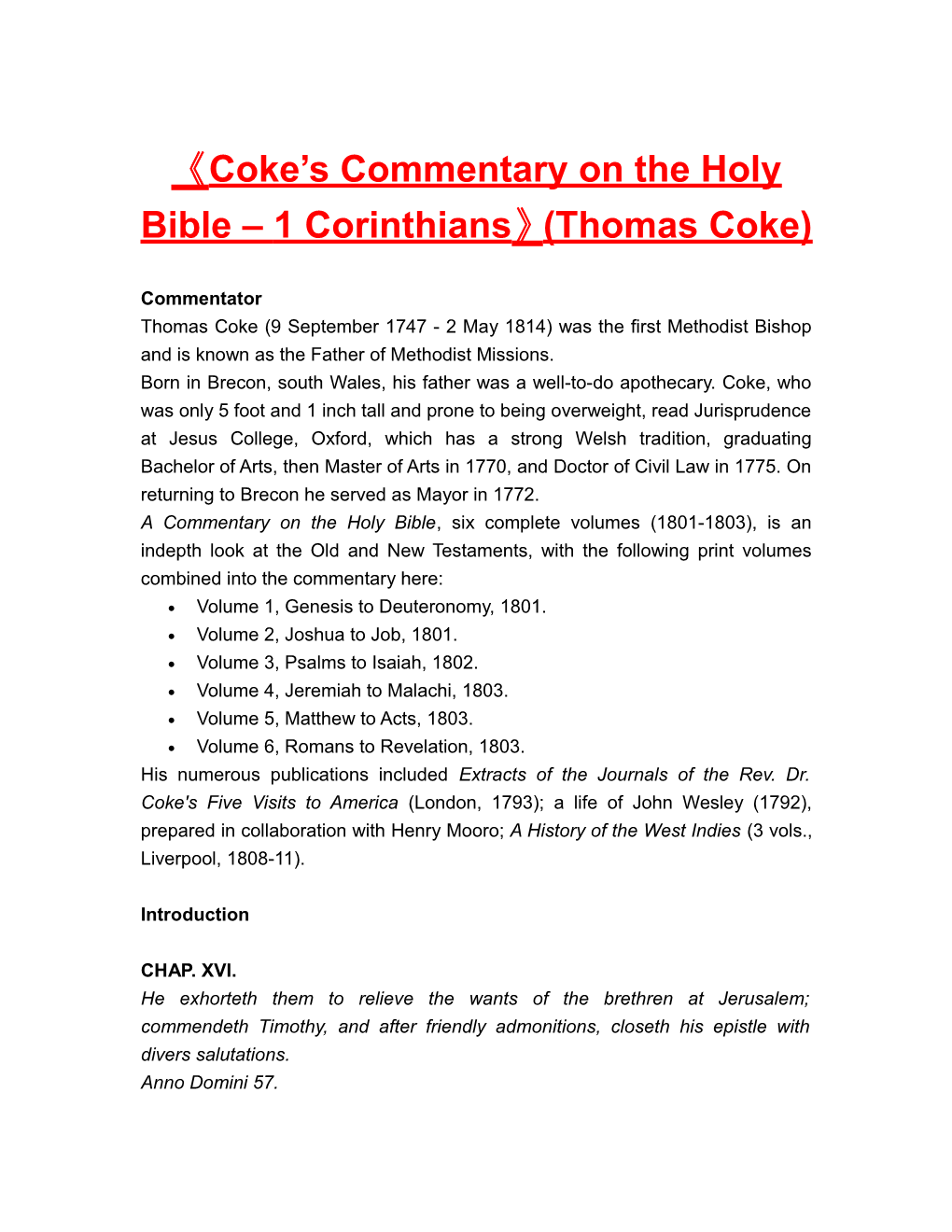 Coke S Commentary on the Holy Bible 1 Corinthians (Thomas Coke)