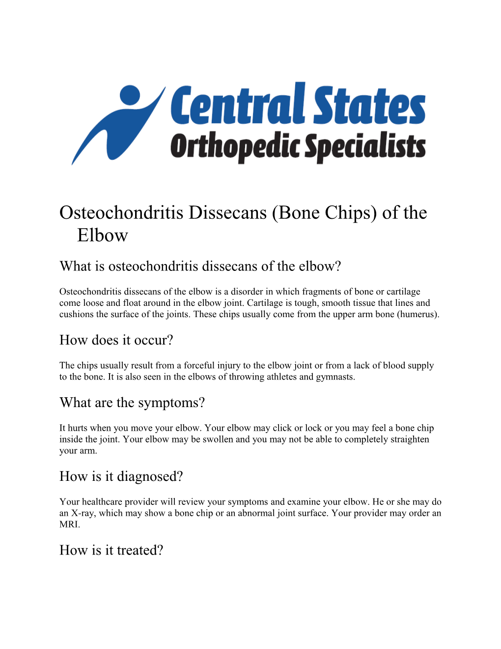 Osteochondritis Dissecans (Bone Chips) of the Elbow